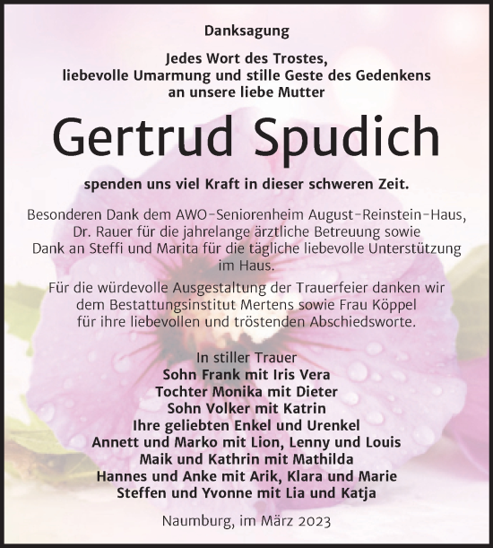 Traueranzeige von Gertrud Spudich von Wochenspiegel Naumburg/Nebra