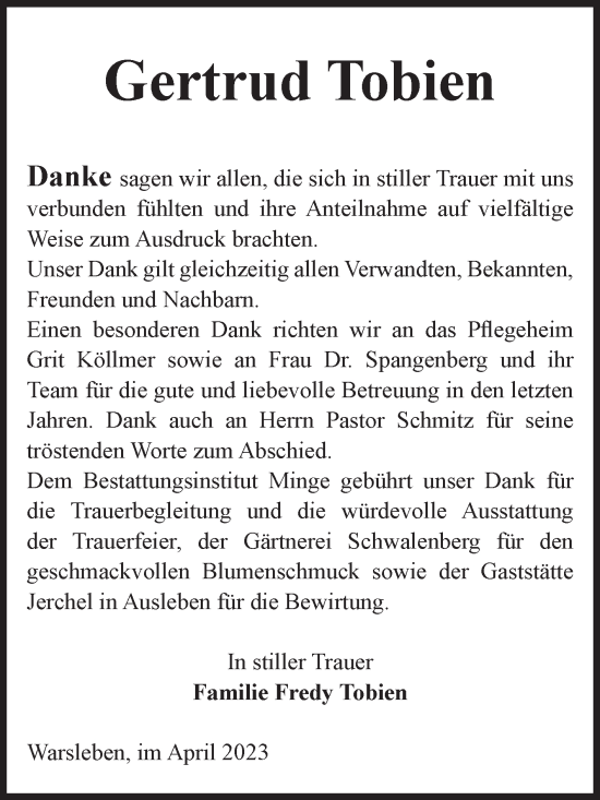 Traueranzeige von Gertrud Tobien von Volksstimme Oschersleben/Wanzleben