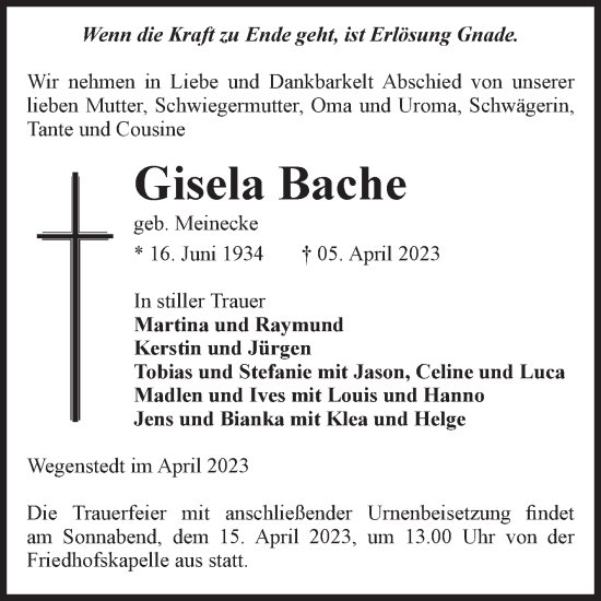 Traueranzeige von Gisela Bache von Volksstimme Haldensleben/Wolmirstedt