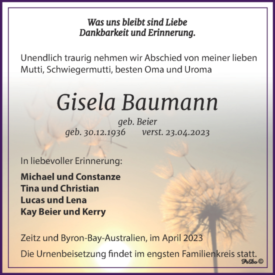 Traueranzeige von Gisela Baumann von Trauerkombi Zeitz