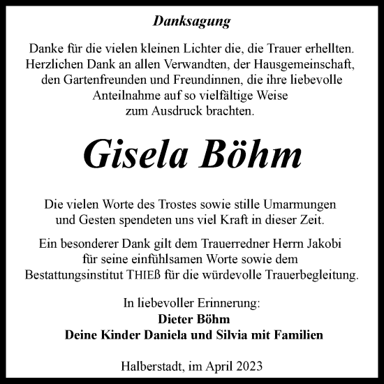 Traueranzeige von Gisela Böhm von Volksstimme Halberstadt