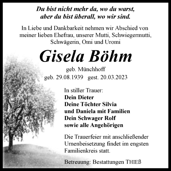 Traueranzeige von Gisela Böhm von Volksstimme Halberstadt