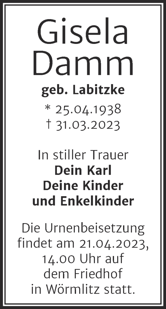 Traueranzeige von Gisela Damm von Mitteldeutsche Zeitung