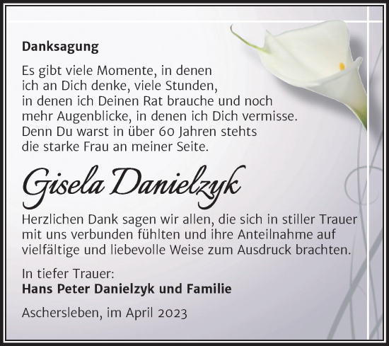 Traueranzeige von Gisela Danielzyk von Trauerkombi Aschersleben
