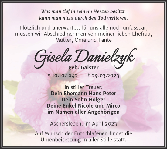 Traueranzeige von Gisela Danielzyk von Trauerkombi Aschersleben