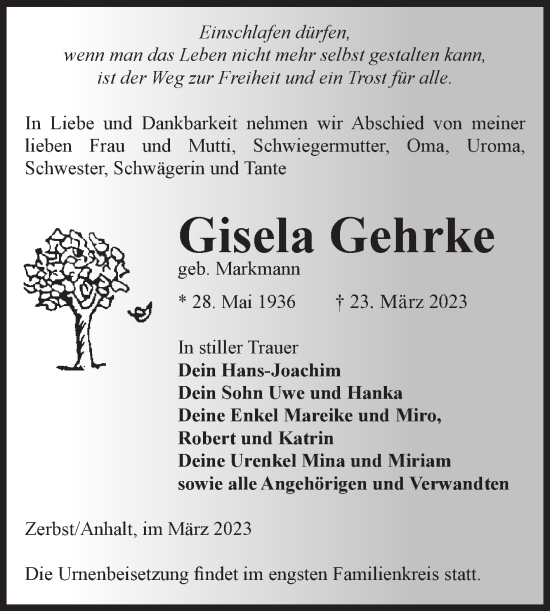 Traueranzeige von Gisela Gehrke von Volksstimme Zerbst