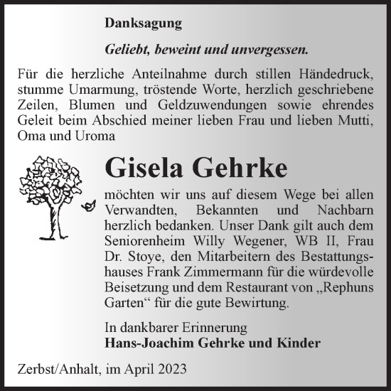 Traueranzeige von Gisela Gehrke von Volksstimme Zerbst