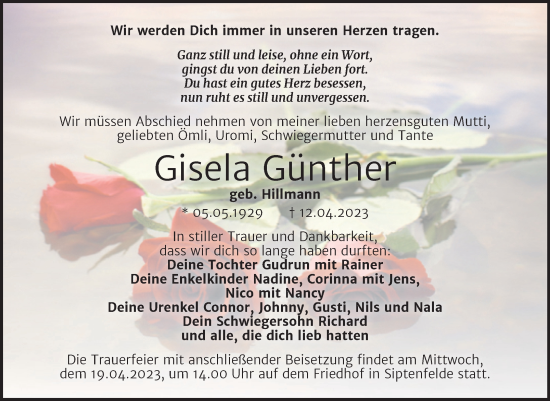 Traueranzeige von Gisela Günther von Mitteldeutsche Zeitung Quedlingburg