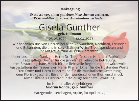 Traueranzeige von Gisela Günther von Trauerkombi Quedlinburg
