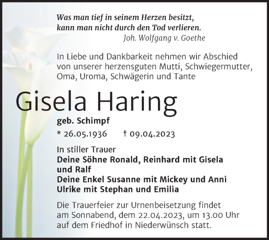 Traueranzeige von Gisela Haring von Trauerkombi Merseburg