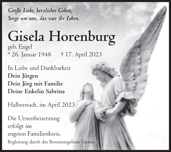 Traueranzeige von Gisela Horenburg von Volksstimme Halberstadt