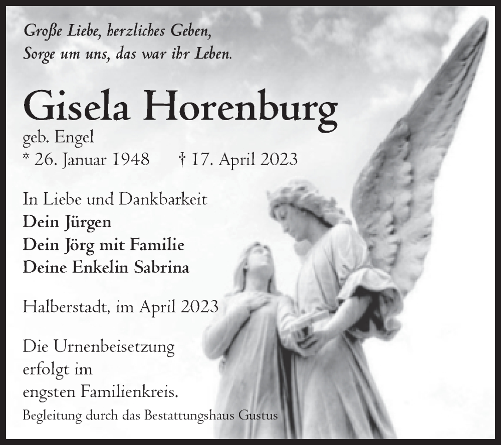  Traueranzeige für Gisela Horenburg vom 22.04.2023 aus Volksstimme Halberstadt