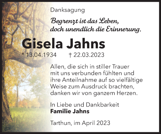 Traueranzeige von Gisela Jahns von Volksstimme Staßfurt