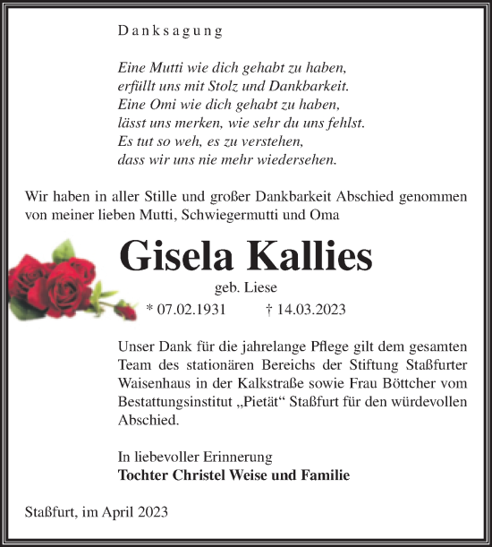 Traueranzeige von Gisela Kallies von Volksstimme Staßfurt