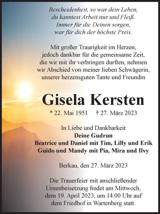 Traueranzeige von Gisela Kersten von Volksstimme Altmark Ost