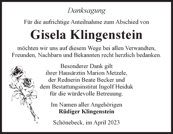 Traueranzeige von Gisela Klingenstein von Volksstimme Schönebeck
