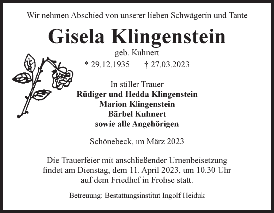 Traueranzeige von Gisela Klingenstein von Volksstimme Schönebeck