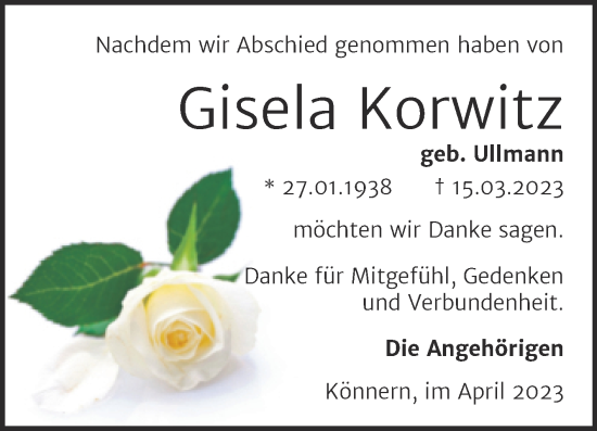 Traueranzeige von Gisela Korwitz von Trauerkombi Bernburg