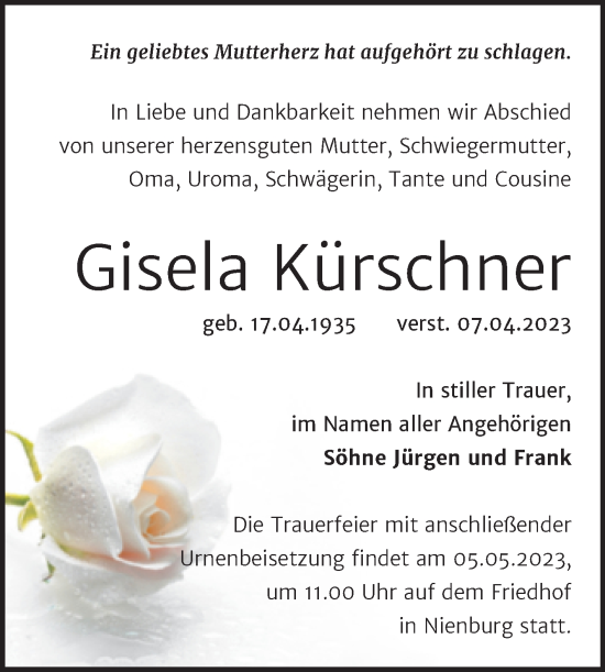 Traueranzeige von Gisela Kürschner von Trauerkombi Bernburg