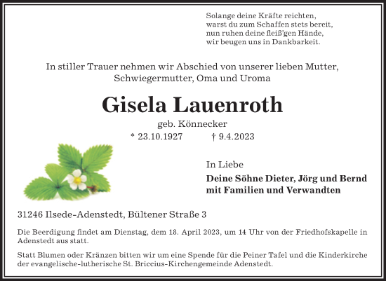 Traueranzeige von Gisela Lauenroth von Volksstimme Haldensleben/Wolmirstedt