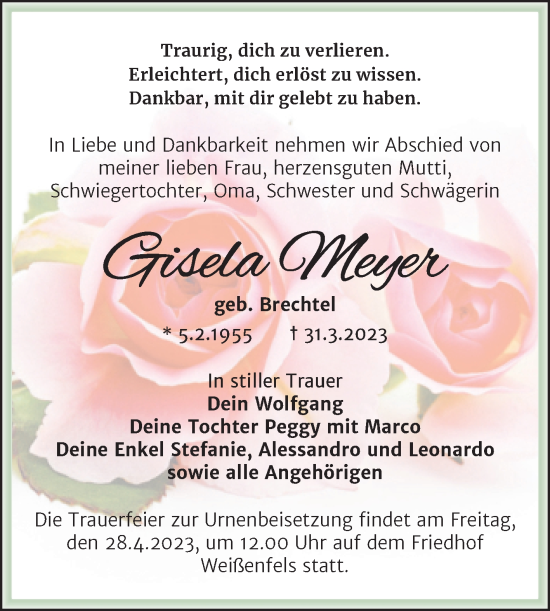 Traueranzeige von Gisela Meyer von Trauerkombi Weißenfels
