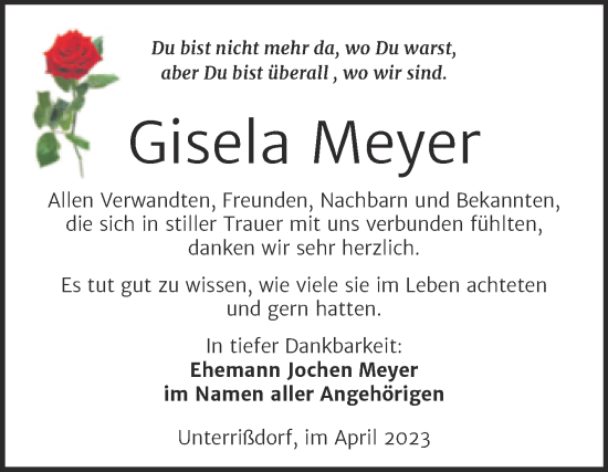 Traueranzeige von Gisela Meyer von Trauerkombi Mansfelder Land