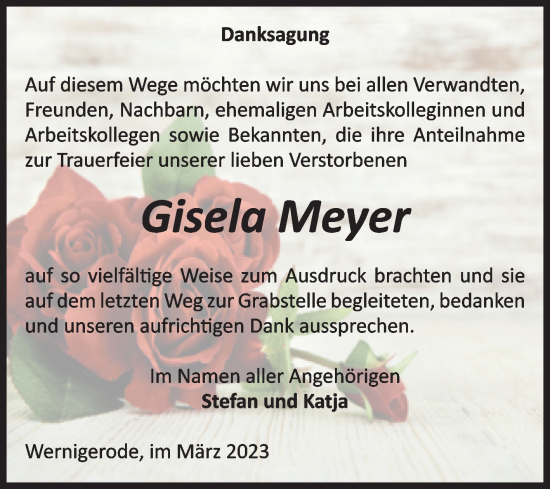 Traueranzeige von Gisela Meyer von Volksstimme Wernigerode