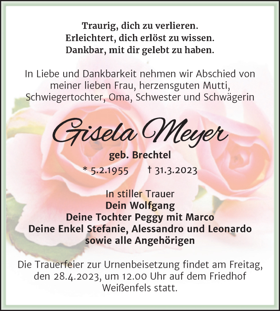  Traueranzeige für Gisela Meyer vom 15.04.2023 aus Trauerkombi Weißenfels