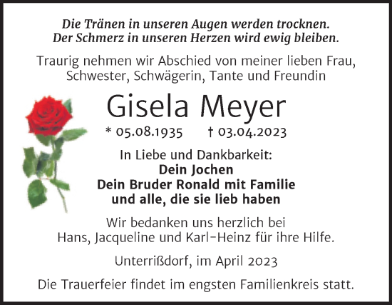 Traueranzeige von Gisela Meyer von Trauerkombi Mansfelder Land