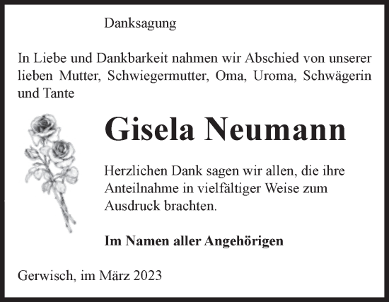 Traueranzeige von Gisela Neumann von Volksstimme Burg/Genthin