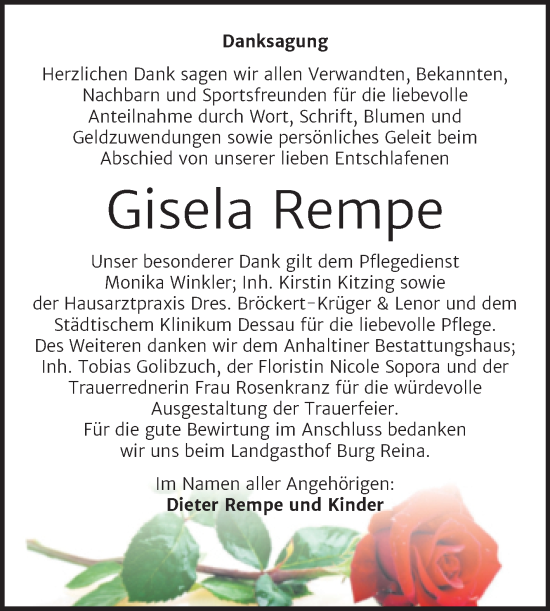 Traueranzeige von Gisela Rempe von Trauerkombi Dessau