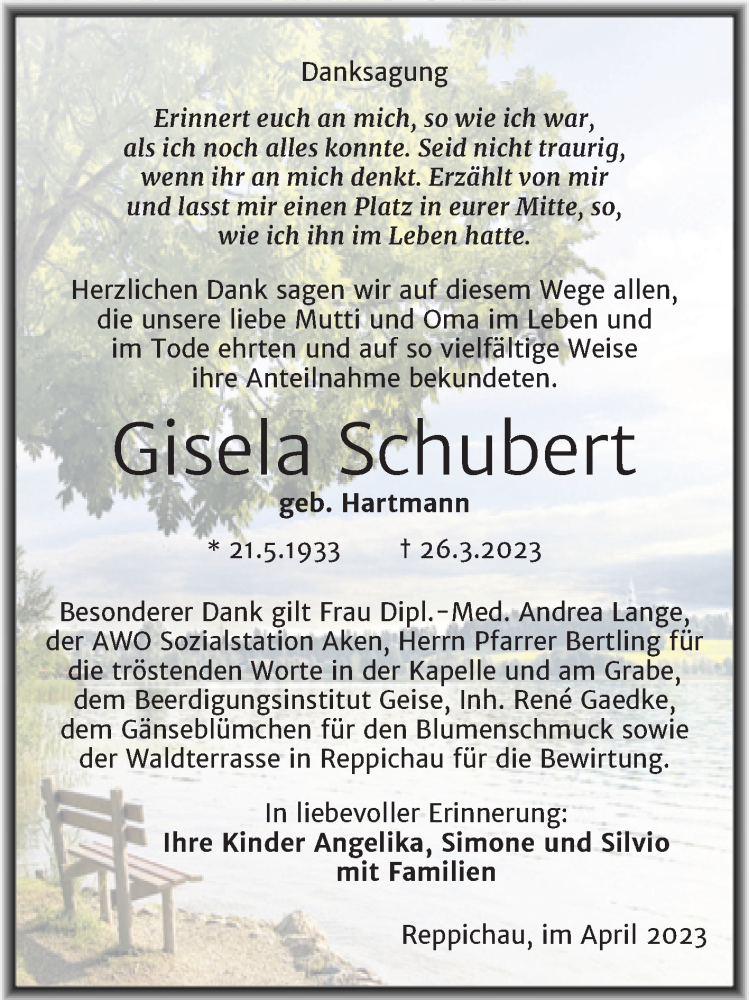  Traueranzeige für Gisela Schubert vom 22.04.2023 aus Trauerkombi Köthen