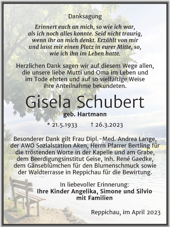 Traueranzeige von Gisela Schubert von Trauerkombi Köthen