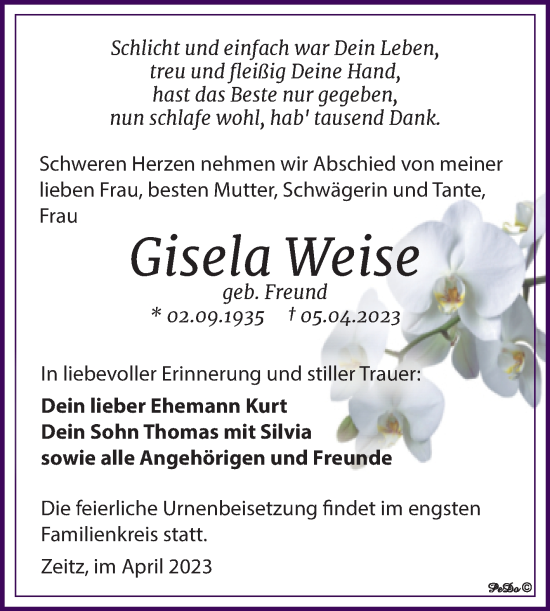 Traueranzeige von Gisela Weise von Trauerkombi Zeitz