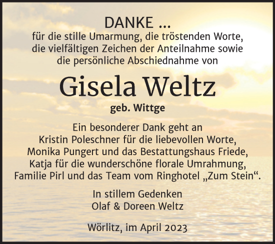 Traueranzeige von Gisela Weltz von Trauerkombi Wittenberg