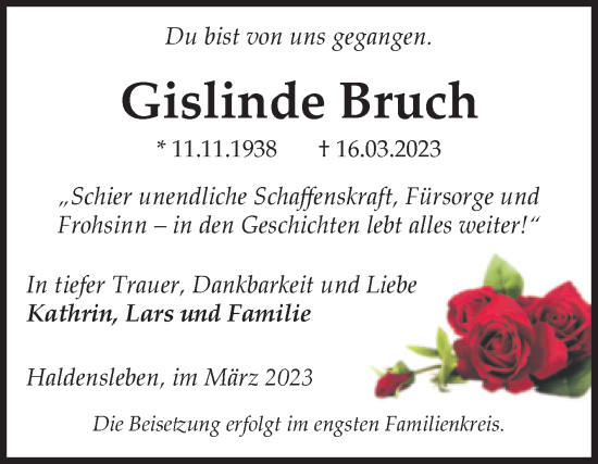 Traueranzeige von Gislinde Bruch von Volksstimme Haldensleben/Wolmirstedt