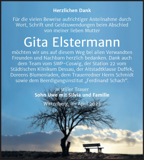 Traueranzeige von Gita Elstermann von Trauerkombi Wittenberg