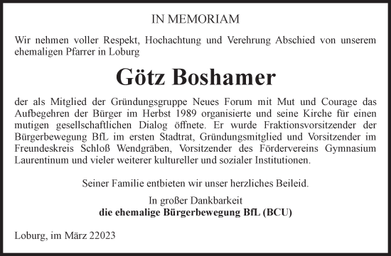 Traueranzeige von Götz Boshamer von Volksstimme Burg/Genthin