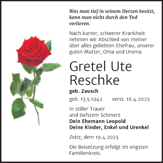 Traueranzeige von Gretel Ute Reschke von Trauerkombi Zeitz
