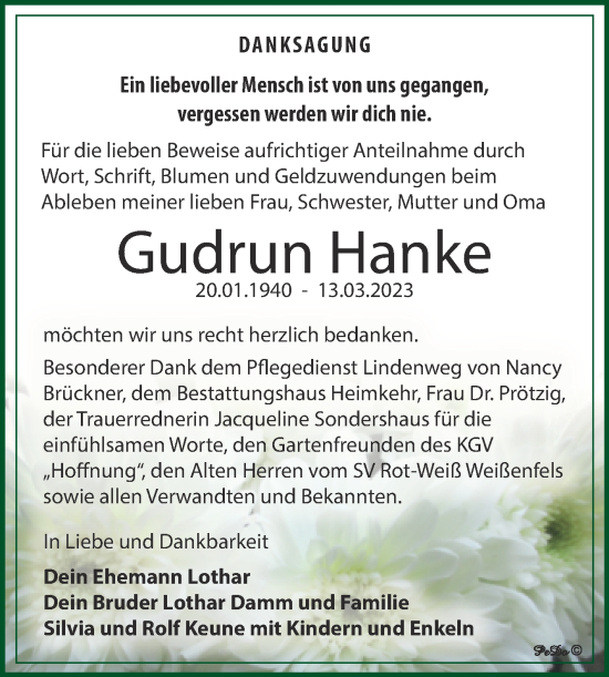 Traueranzeige von Gudrun Hanke von Trauerkombi Weißenfels