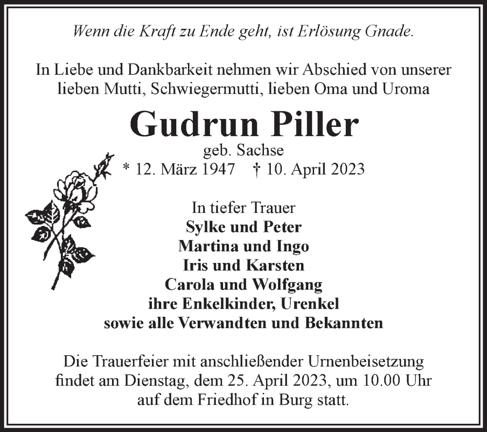  Traueranzeige für Gudrun Piller vom 15.04.2023 aus Volksstimme Burg/Genthin