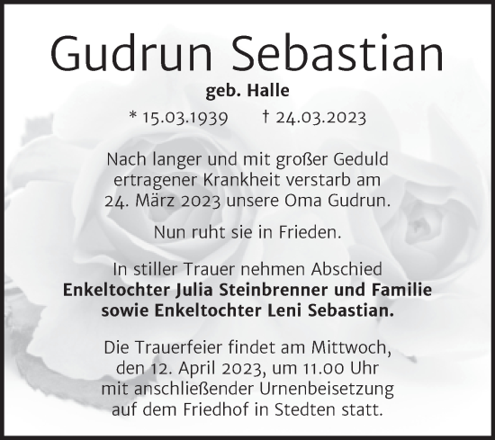 Traueranzeige von Gudrun Sebastian von Trauerkombi Mansfelder Land