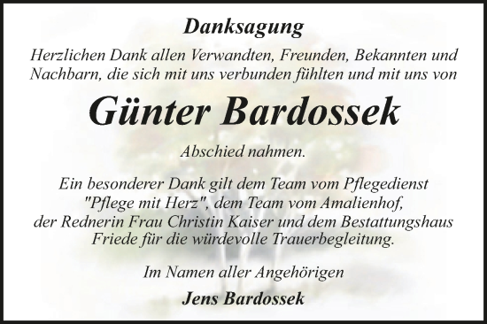 Traueranzeige von Günter Bardossek von Trauerkombi Dessau