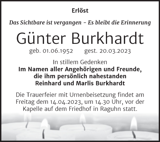Traueranzeige von Günter Burkhardt von Trauerkombi Bitterfeld