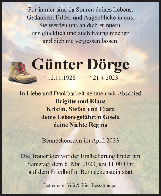 Traueranzeige von Günter Dörge von Volksstimme Wernigerode