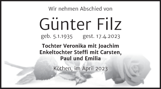 Traueranzeige von Günter Filz von Trauerkombi Köthen