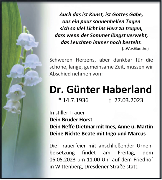 Traueranzeige von Günter Haberland von Trauerkombi Wittenberg