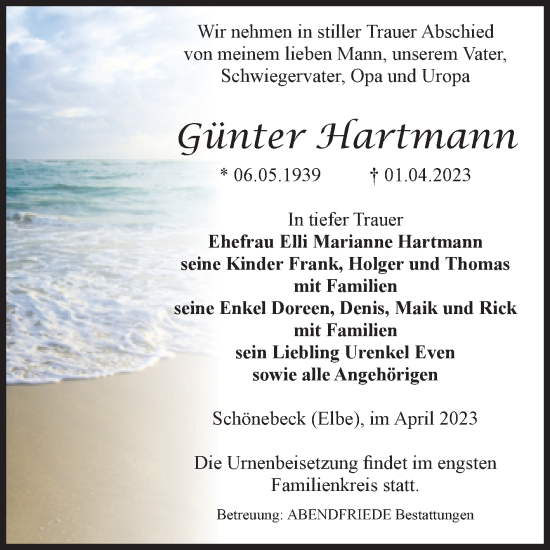 Traueranzeige von Günter Hartmann von Volksstimme Schönebeck