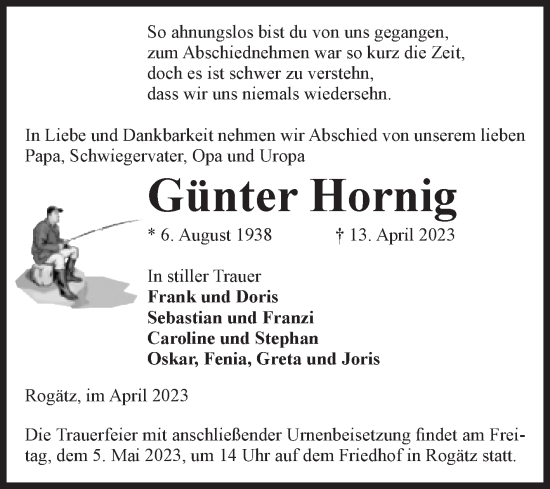 Traueranzeige von Günter Hornig von Volksstimme Haldensleben/Wolmirstedt