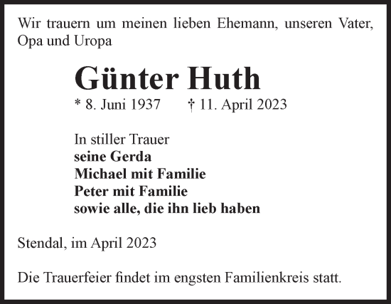 Traueranzeige von Günter Huth von Volksstimme Altmark Ost